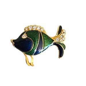 Fish Brooch Pin Enamel Goldtone Rhinestones Blue Green